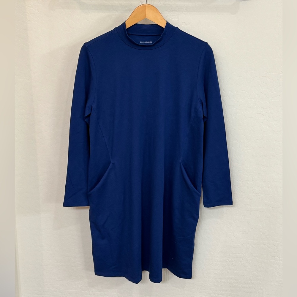 Eileen Fisher Blue Long-Sleeve Mock Neck Dress - Size Medium - Like New